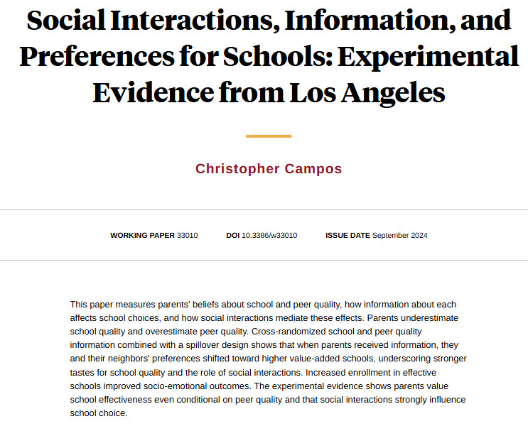 NBER (@nberpubs) on Twitter photo Experimental evidence from Los Angeles shows parents value school effectiveness even conditional on peer quality, and that social interactions strongly influence school choice, from <a href="/cqcampos/">Chris Campos</a> nber.org/papers/w33010 Experimental evidence from Los Angeles shows parents value school effectiveness even conditional on peer quality, and that social interactions strongly influence school choice, from <a href="/cqcampos/">Chris Campos</a> nber.org/papers/w33010