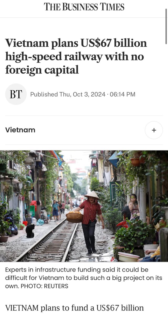 Vietnam’s Politburo announced last Thursday that it will fund its entire National High Speed Rail network entirely on its own, with no financing from any external party. 

This HSR will also link up with the broader China - SE Asian network being built regionally at the moment.