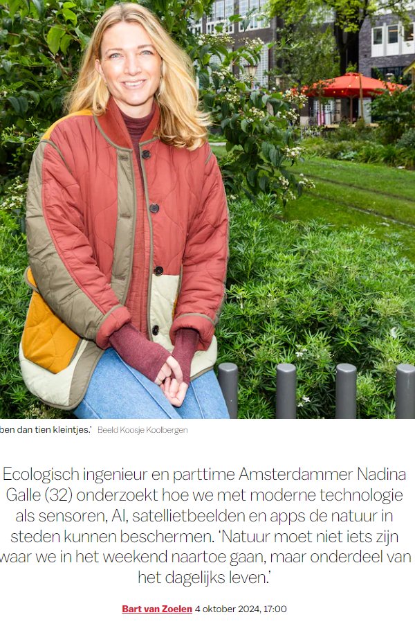 Nadina Galle (32) onderzoekt hoe we met technologie als sensoren, AI, satellietbeelden en apps de natuur in steden kunnen beschermen parool.nl/ps/de-boom-gee…

‘Laat natuur onderdeel zijn van ons dagelijks leven; niet alleen iets waar we in het weekend heen gaan’ #natuur #Amsterdam