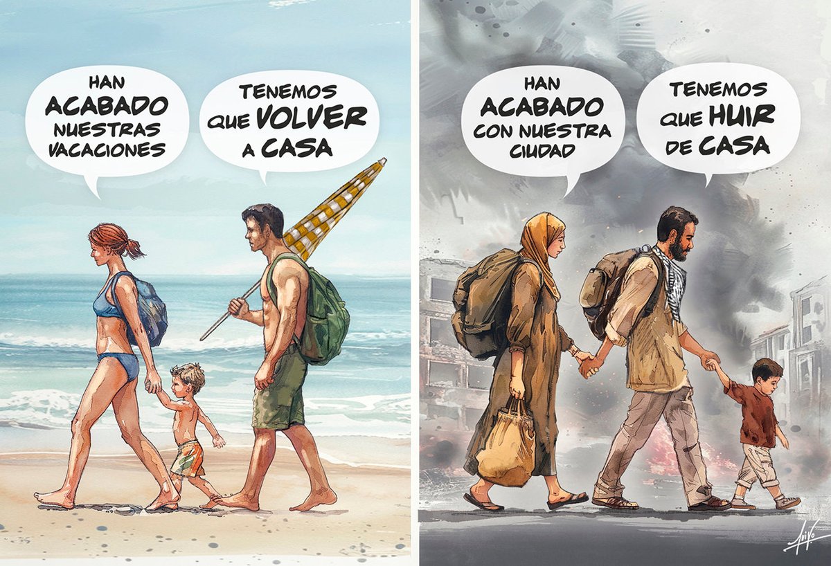 HAcoge's tweet photo. ✍️Viñeta 'Dos mundos', del artista @luisoarte.
#Reflexión #Gaza #Palestina #Líbano #Beirut #Occidente #Israel #EEUU #Genocidio #Refugio #Asilo #Refugiadxs #DerechosHumanos #Humanidad https://t.co/iZWtqeMREJ