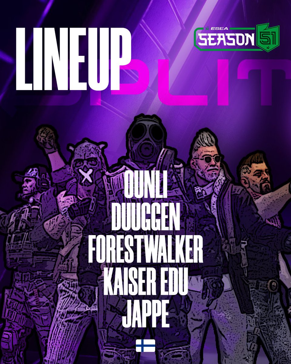 Split (@splitesc) on Twitter photo Split CS is back!
And we are rocking a full Finnish lineup again.
<a href="/Ounli___/">Ounli</a>
<a href="/JDuuggen/">Duuggen</a>
<a href="/ForestWalker_GG/">Forestwalker</a>
<a href="/Ka1serEdu/">Eetu Haatainen</a>
<a href="/JaPPecs/">jappe</a>
Let's go and shake up ESEA Main Season 51! Split CS is back!
And we are rocking a full Finnish lineup again.
<a href="/Ounli___/">Ounli</a>
<a href="/JDuuggen/">Duuggen</a>
<a href="/ForestWalker_GG/">Forestwalker</a>
<a href="/Ka1serEdu/">Eetu Haatainen</a>
<a href="/JaPPecs/">jappe</a>
Let's go and shake up ESEA Main Season 51!