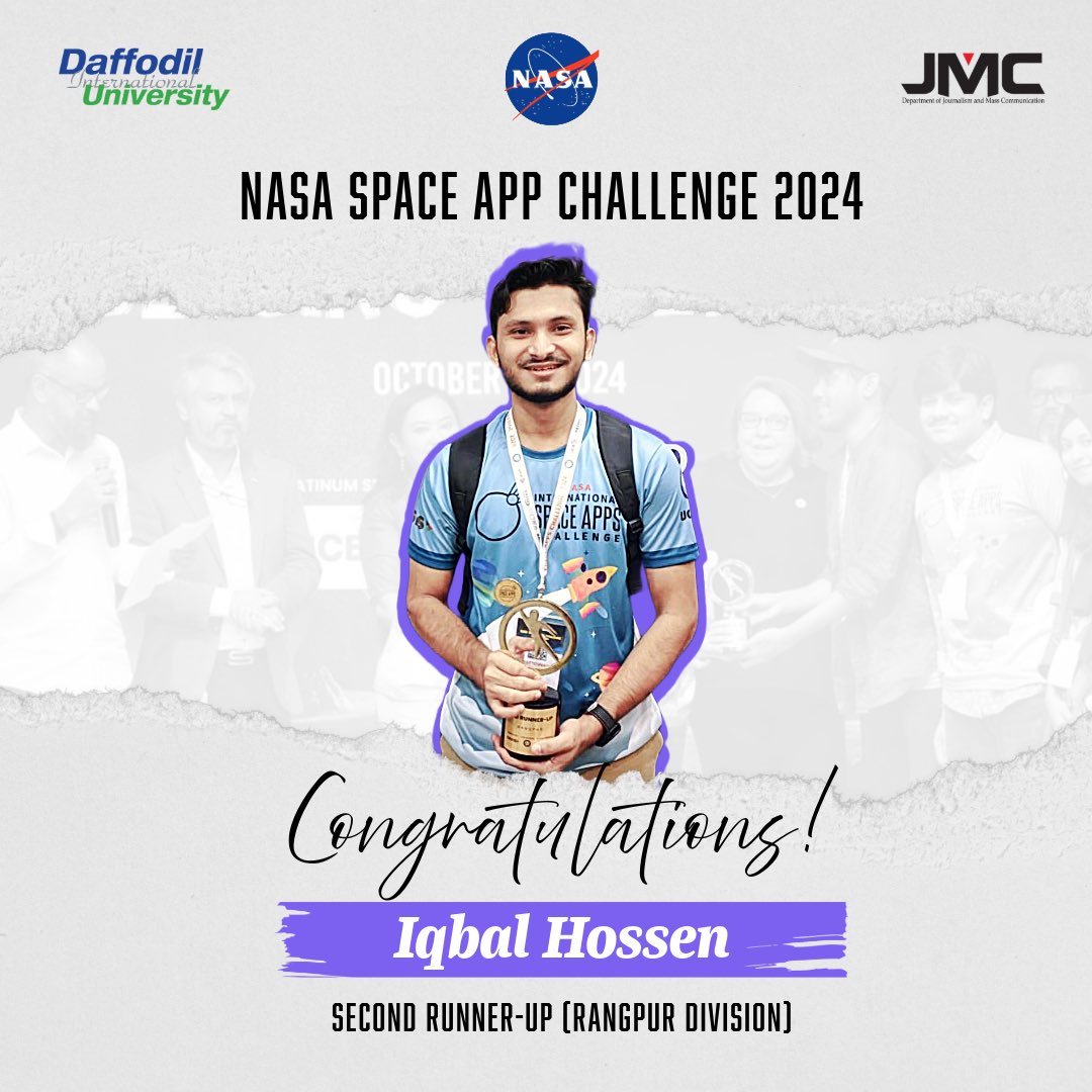 jmcdiu's tweet image. 🏆 | Mr. Iqbal Hossen, a student of JMC’45, achieved the impressive second runner-up spot in the NASA Space Apps Challenge - Bangladesh 🇧🇩

#NasaSpaceAppsChallenge #NasaChallenge #NASA 🚀
