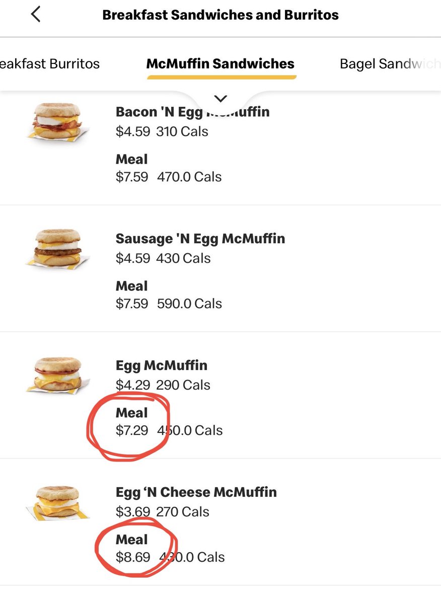 KrysHamilton's tweet photo. @JoshyBeSloshy Egg &amp; cheese (no pork-like product included) sandwich price is cheaper as it should be, but how is the meal more expensive than the rest?!?! https://t.co/RahAEwpEC1