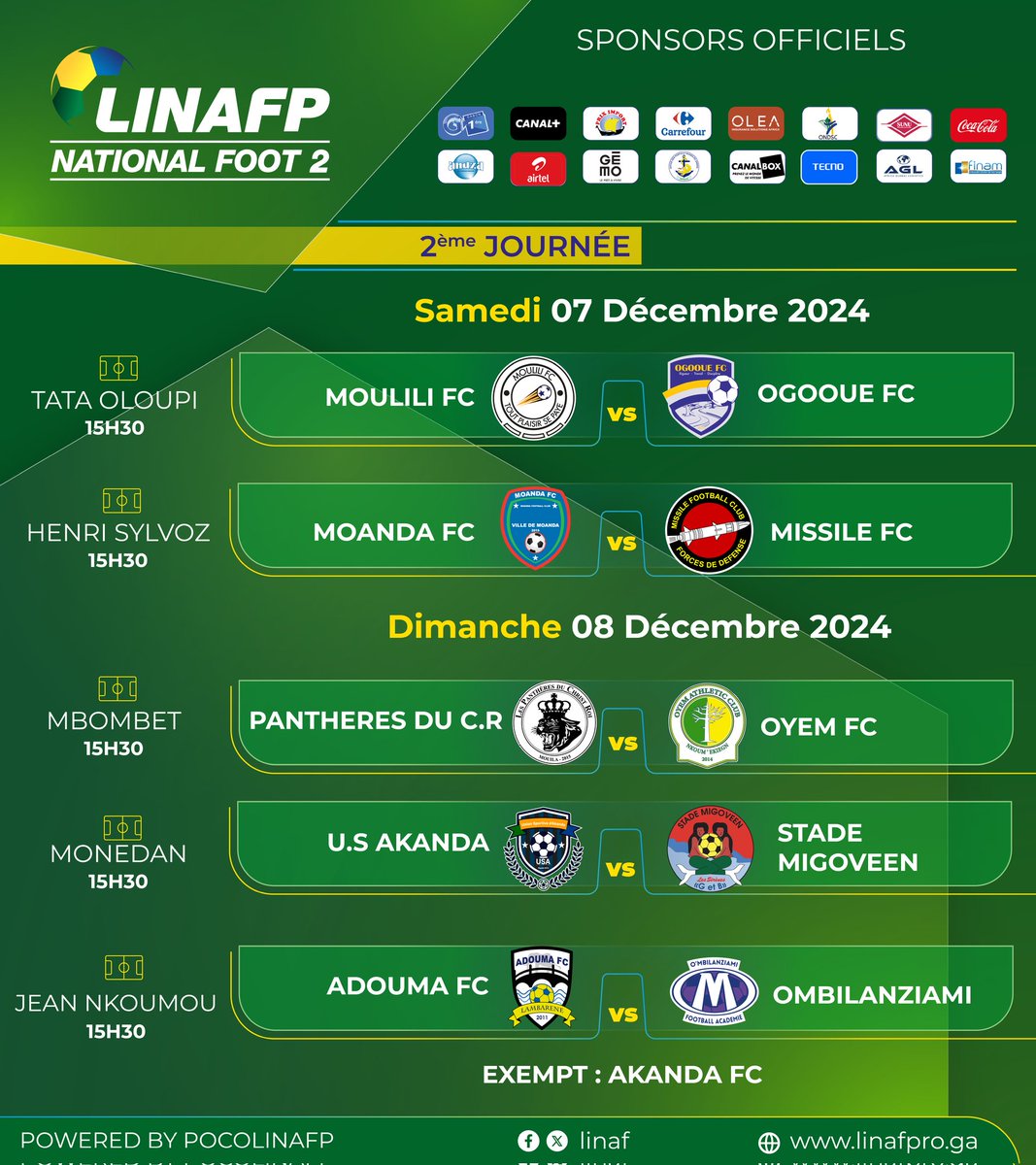 Larry DIYEMBOU (@larry_om23) on Twitter photo 🚨 OFFICIEL ! Voici la PROGRAMMATION de la deuxième journée de #NationalFoot1 et 2 ! ✨🇬🇦
#Gabon <a href="/fifacom_fr/">FIFA (Français)</a> <a href="/fegafoot_gabon/">Fédération Gabonaise de Football</a> <a href="/ondscofficiel/">Office Sport et Culture Gabon</a> <a href="/NationalFootGab/">Linafp</a> @ACPF #NationalFoot #Oleaassurances #Andza <a href="/CarrefourFrance/">Carrefour</a> <a href="/Airtel_GA/">Airtel Gabon</a> <a href="/tvgabon24/">Gabon24</a> <a href="/Gemo_Officiel/">Gémo</a> <a href="/CanalplusFoot/">CANAL+ Foot</a> 🚨 OFFICIEL ! Voici la PROGRAMMATION de la deuxième journée de #NationalFoot1 et 2 ! ✨🇬🇦
#Gabon <a href="/fifacom_fr/">FIFA (Français)</a> <a href="/fegafoot_gabon/">Fédération Gabonaise de Football</a> <a href="/ondscofficiel/">Office Sport et Culture Gabon</a> <a href="/NationalFootGab/">Linafp</a> @ACPF #NationalFoot #Oleaassurances #Andza <a href="/CarrefourFrance/">Carrefour</a> <a href="/Airtel_GA/">Airtel Gabon</a> <a href="/tvgabon24/">Gabon24</a> <a href="/Gemo_Officiel/">Gémo</a> <a href="/CanalplusFoot/">CANAL+ Foot</a>