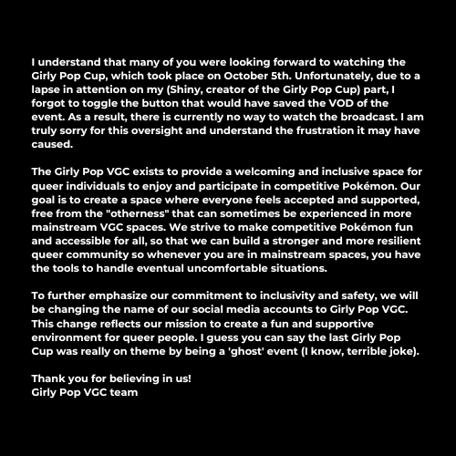 A statement about yesterday's Girly Pop Cup