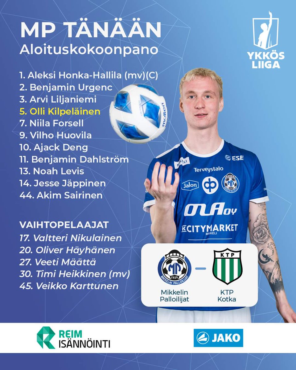 Kokoonpanomme tänään! 💙

#Ykkösliiga #sinisetpelaa #MP1929