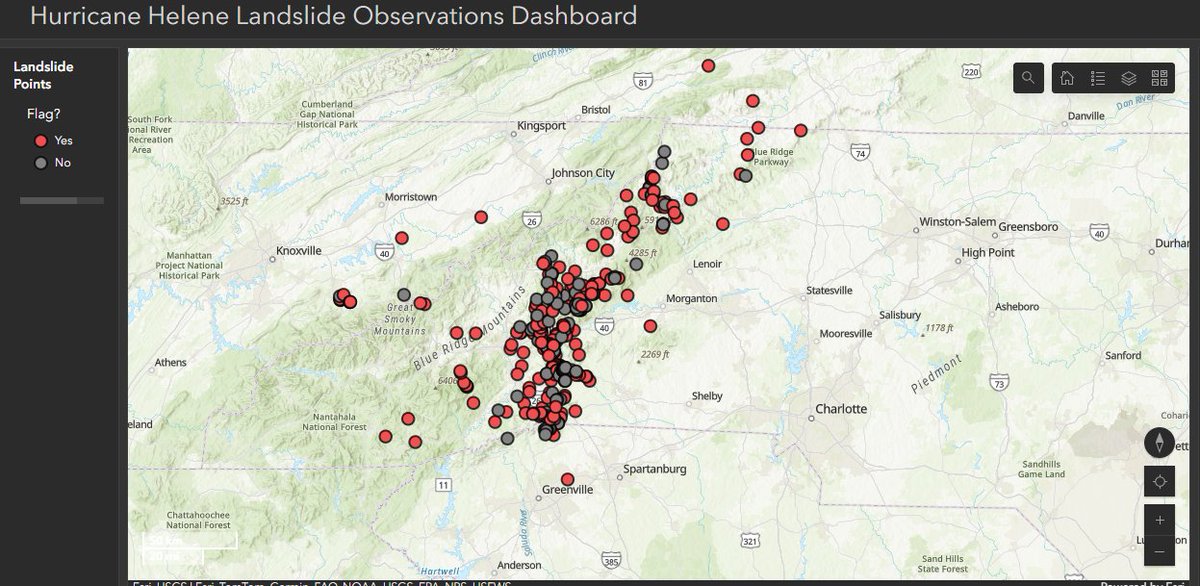 As of this morning, the USGS has identified at least 244 landslides associated with #Helene in the Southeast. Most of these are in North Carolina. This was done by aircraft and on the ground in places with easier access. With weakened slopes, any rainfall in the next few weeks