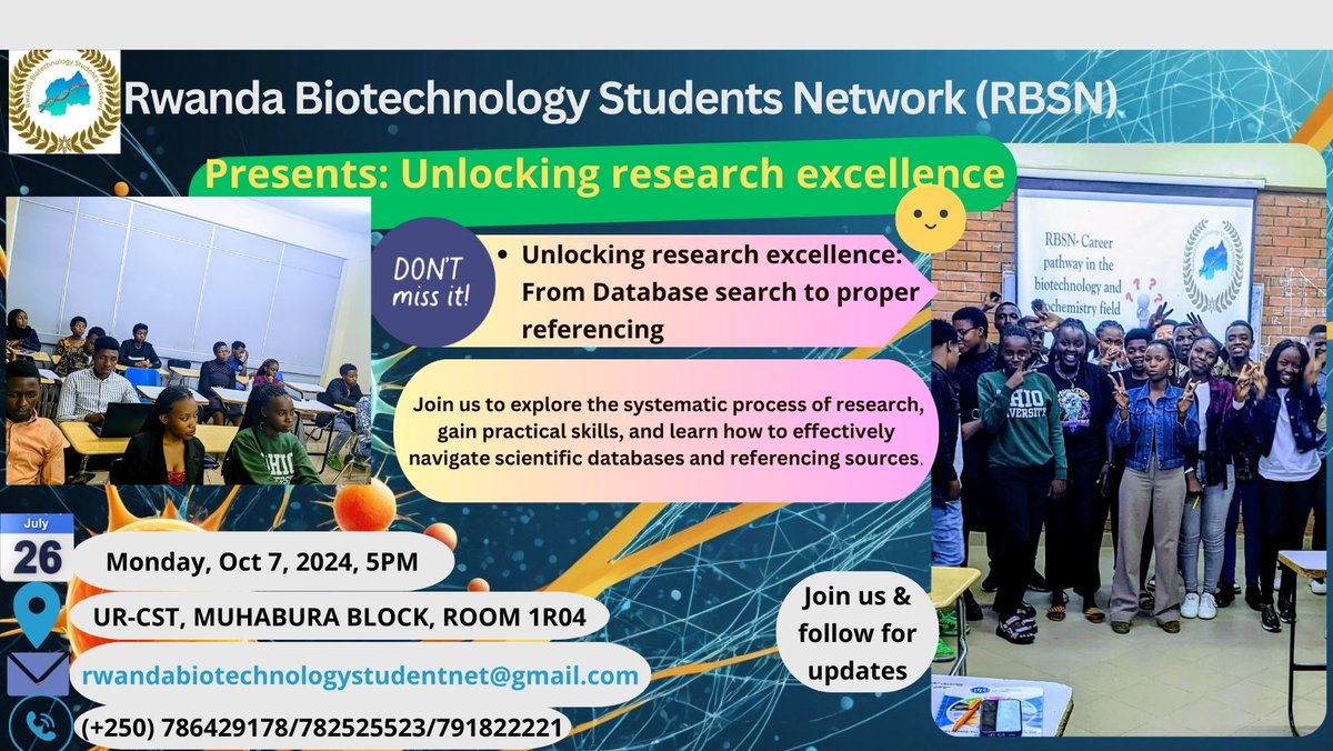 🔓 Unlocking Research Excellence: From Database Search to Proper Referencing!

🗓️ Mon, Oct 7, 2024
🕔 5 PM
📍 UR-CST, MUHABURA Block, Room 1R04

Join us to gain practical research skills &amp; learn effective referencing. Don’t miss out!

#Research #Biotech #RBSN #Biochemistry #UR