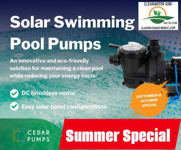 SOLAR POOL PUMPS - SP900
Special Offer - R 5 760.00‼️
Vat &amp; Solar Panels Excluded

Pool Size/Max - 100 000 liters

Solar panel requirements :
340 / 385 Watts
Voltage - 38V
Quantity - 3   

☎️ Gerhard 082 359 5166 
clearwateragri@gmail.com 

📍 Honeydew 
📍 Somerset West