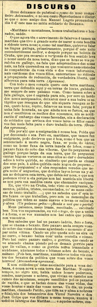 O 6/10/1907 Manuel Lugrís Freire pronuncia en Betanzos o primeiro mitin político integramente en galego. Lugrís chamou á solidariedade e a unión de  agricultores e gandeiros para lograr o progreso e faino  nun acto do sindicato Solidaridad Gallega, do que tamén fora fundador.