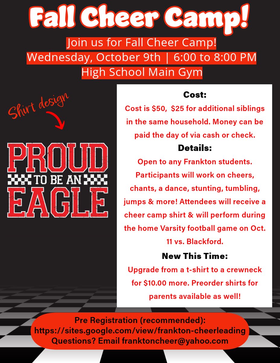 FHS Cheerleading (@franktoncheer) on Twitter photo Registration will close tomorrow morning! Use the link below to register. This will be your last chance to order shirts as well! The shirt design is shown on the flyer and they are available in short sleeve, long sleeve, or sweatshirts. <a href="/FranktonAthleti/">Frankton Athletics</a>
sites.google.com/view/frankton-… Registration will close tomorrow morning! Use the link below to register. This will be your last chance to order shirts as well! The shirt design is shown on the flyer and they are available in short sleeve, long sleeve, or sweatshirts. <a href="/FranktonAthleti/">Frankton Athletics</a>
sites.google.com/view/frankton-…