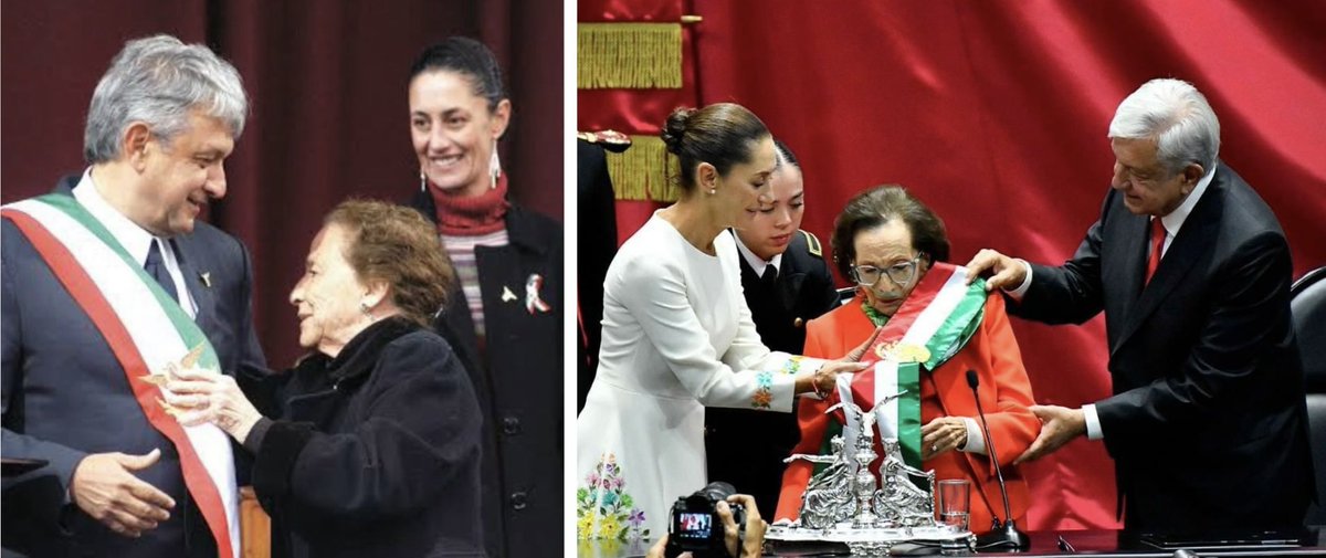 <a href="/lopezobrador_/">Andrés Manuel</a> Y como dicen “la historia no se repite pero a veces rima” estas fotos quedarán para la historia de México. La mujer de las primeras veces, Ifigenia Martínez, poniendo la banda presidencial al luchador social Andrés Manuel y a la primera presidentA con A.