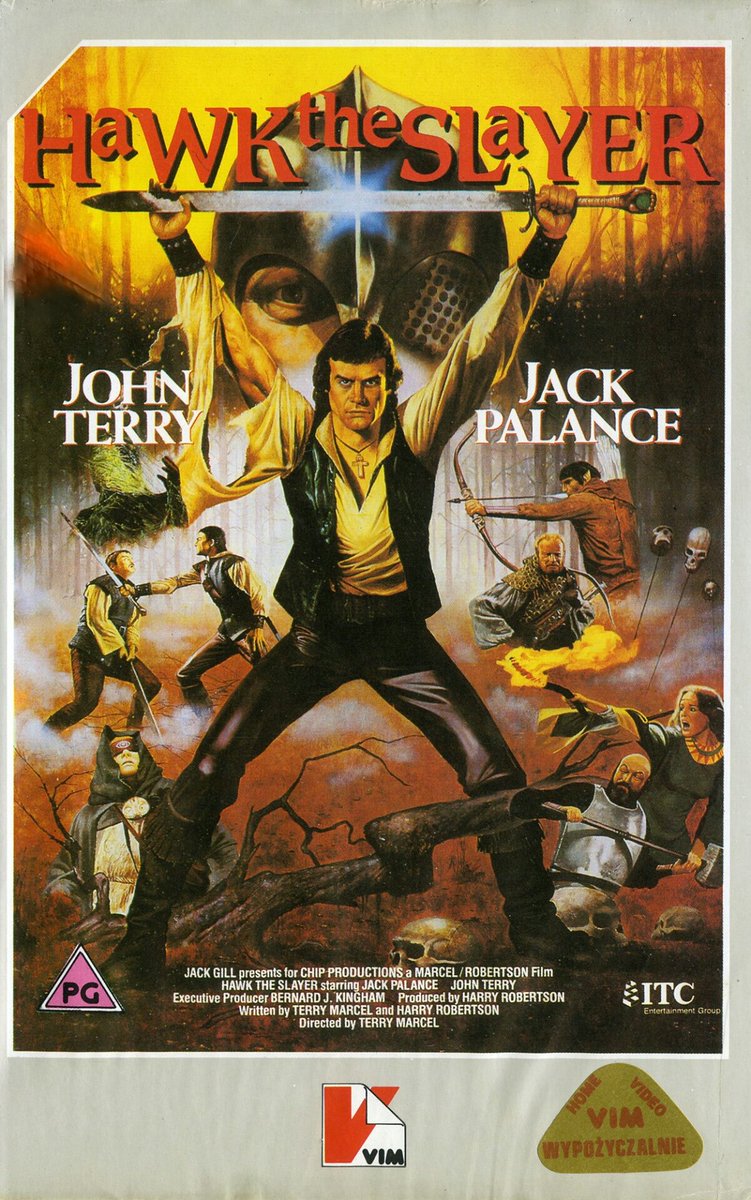SentenceMovie's tweet image. Ah, the era of cheap fantasy movies to reap in the D&amp;amp;D nerds (like me), and Hawk the Slayer is a particularly campy installment, with its Spock-like elf, bows set to automatic, dwarves who aren’t, and of course Jack Palance palancing about with a sword he holds like a shotgun.