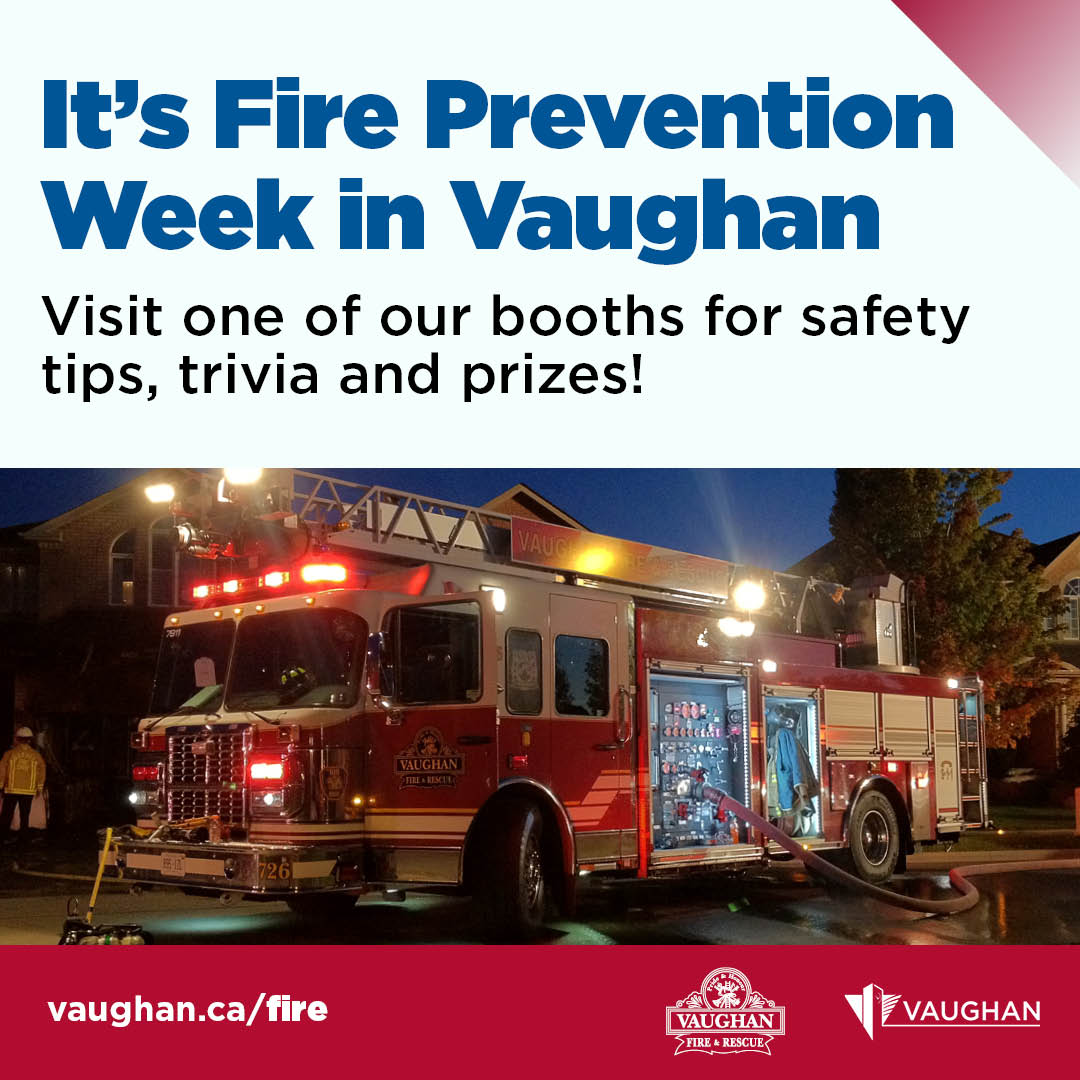 Vaughan Fire and Rescue Service is setting up safety booths across Vaughan for #FirePreventionWeek! 🚒👨‍🚒Visit us to test your knowledge with trivia, win exciting prizes and learn how to stay safe. Learn more: vaughan.ca/news