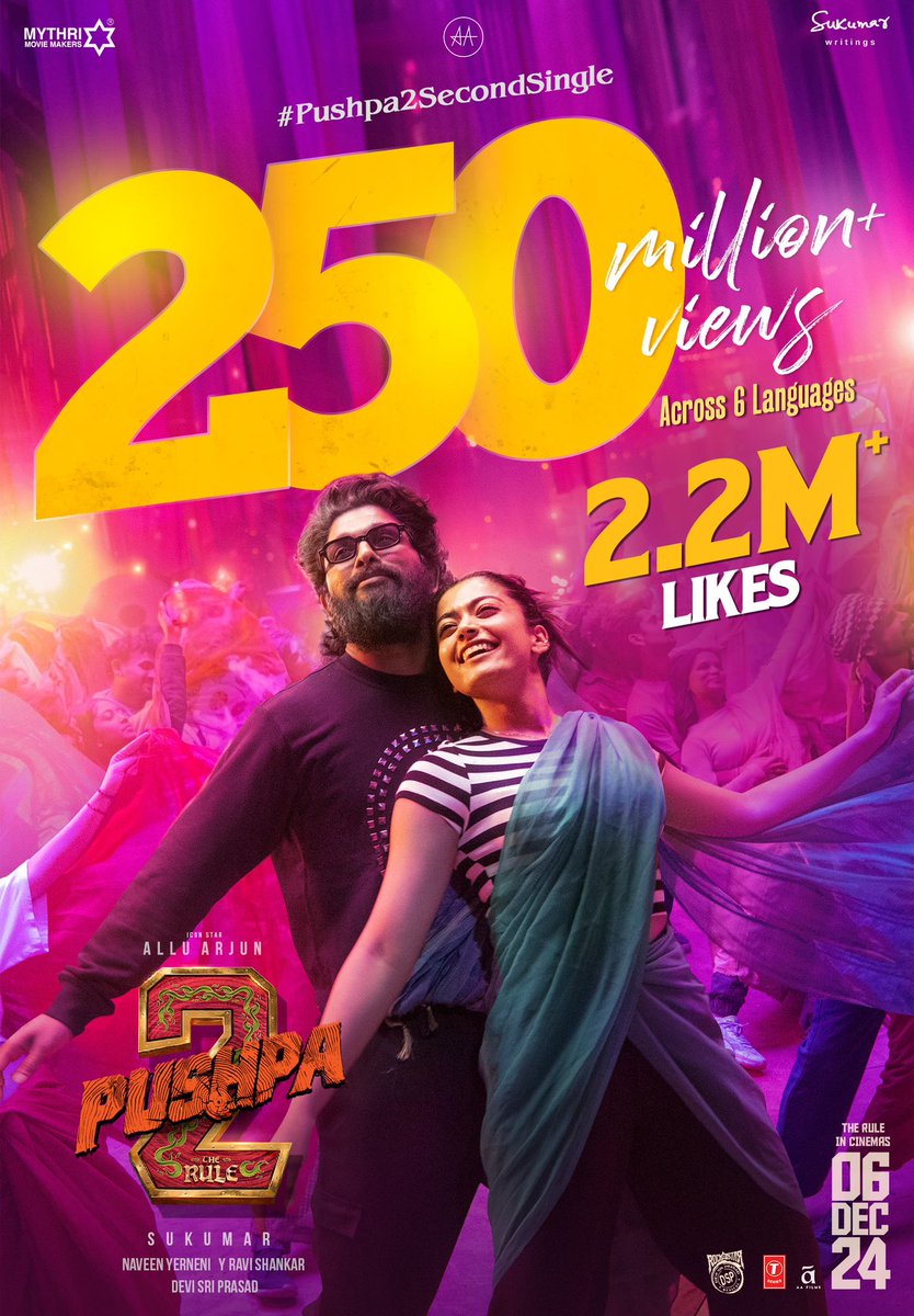 IamEluruSreenu's tweet photo. Audience just cannot stop vibing to #TheCoupleSong ❤‍🔥

#Pushpa2SecondSingle hits 250M+ VIEWS with 2.2M+ LIKES 💥💥

▶️ https://t.co/6YXYblNo5t…

#Sooseki #Angaaron #Soodaana #Nodoka #Kandaalo #Aaguner 👌  

#Pushpa2TheRule Grand release worldwide on 6th DEC 2024. https://t.co/MMzjEnlLFg