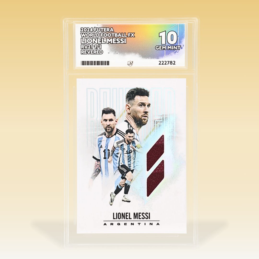 A 1 of 1 Lionel Messi Futera card graded Gem Mint 10! Messi's legacy shines  through in this incredible card. A huge congratulations to the submitter on  a legendary addition to their collection! #acegrading