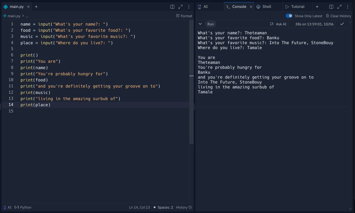 tee_sec's tweet photo. Day 02 of #100DaysofPythonCoding
I just built my first interactive code which takes inputs from the user! Day 2 of #Replit100DaysOfCode #100DaysOfCode. Join me on @Replit https://t.co/kzNg8Jk7MD @allenharper https://t.co/06qN6ooBJp