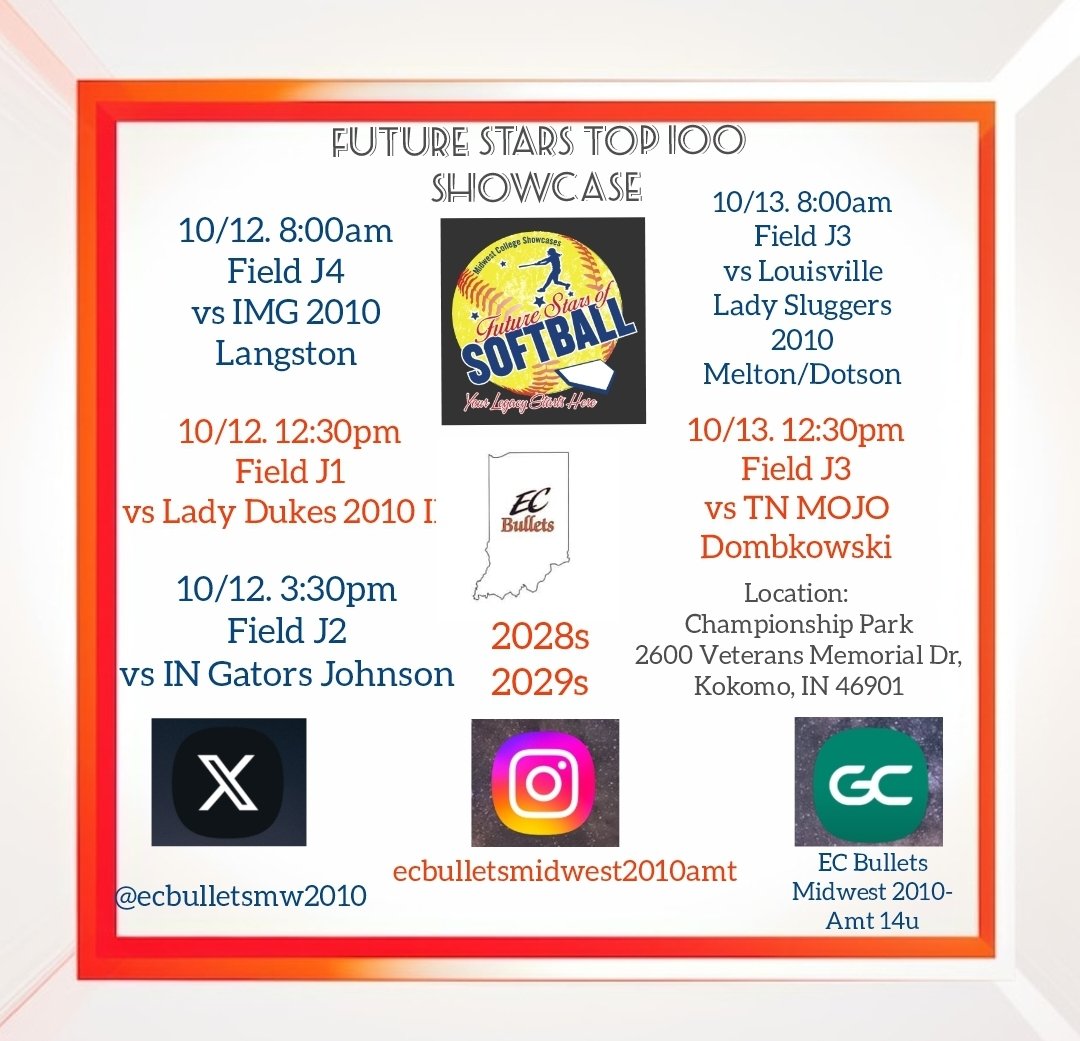 EC Bullets Midwest will play our next tournament October 12 and 13 in Kokomo, IN.  We will be in the Future Stars Top 100 showcase.
Let's go Bullets!