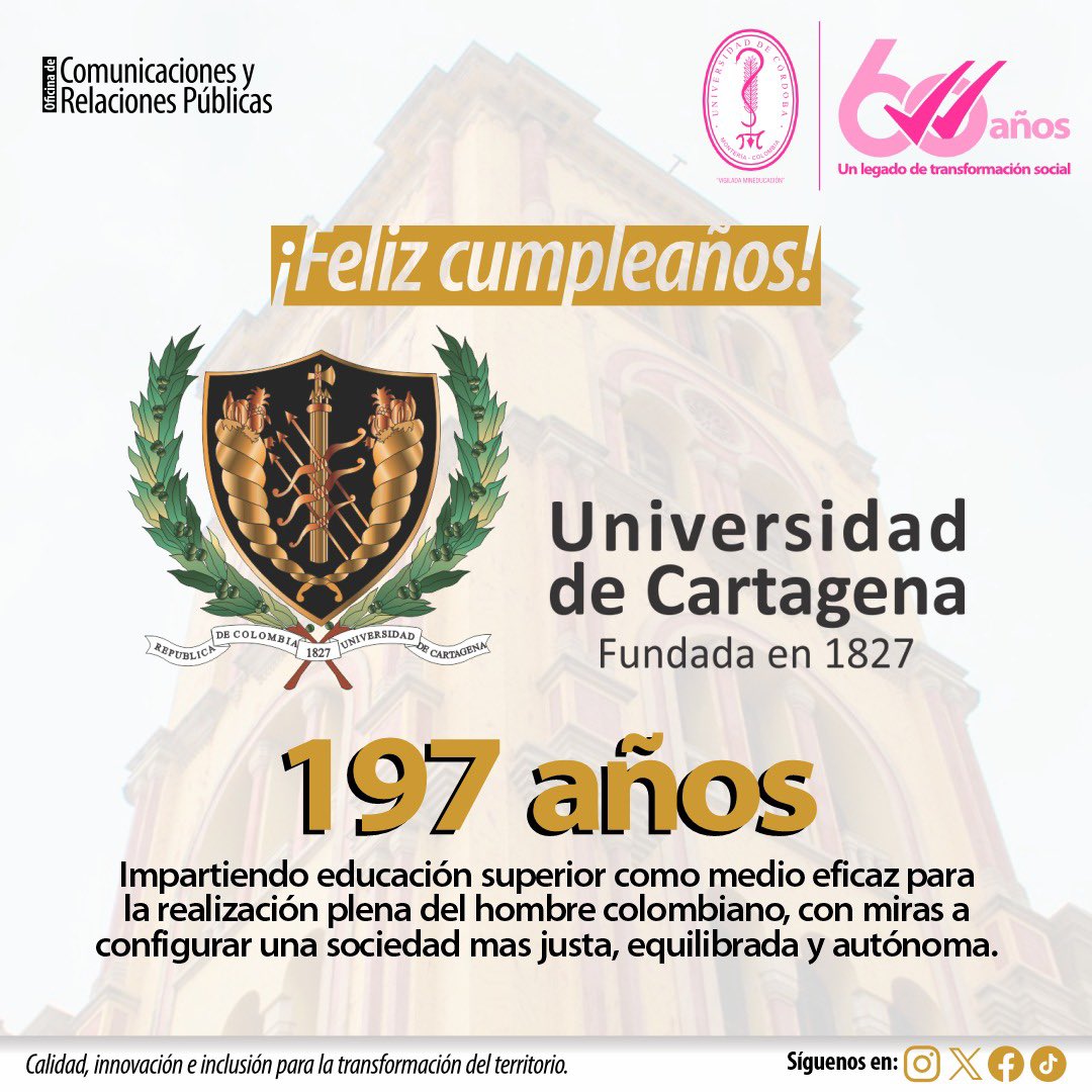 @SueColombiaoficial (@suecol_oficial) on Twitter photo ¡Celebramos 197 años de <a href="/uni_cartagena/">Universidad de Cartagena</a> 🎉🎊🎂!
Un fuerte abrazo de hermandad a todos los que pertenecen a esta 𝘢𝘭𝘮𝘢 𝘮𝘢𝘵𝘦𝘳, por su liderazgo en la formación de profesionales con calidad.
#FelizCumpleañosUniCartagena #197Años #Unicartagena197Años #Unicartagena ¡Celebramos 197 años de <a href="/uni_cartagena/">Universidad de Cartagena</a> 🎉🎊🎂!
Un fuerte abrazo de hermandad a todos los que pertenecen a esta 𝘢𝘭𝘮𝘢 𝘮𝘢𝘵𝘦𝘳, por su liderazgo en la formación de profesionales con calidad.
#FelizCumpleañosUniCartagena #197Años #Unicartagena197Años #Unicartagena