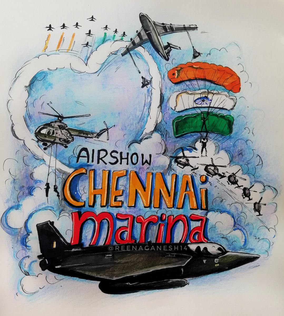 Reenaganesh14's tweet photo. Airshow @Chennai Marina 🔥 #reenaart #Airshow #Chennai #ChennaiMarina #doodleart  #AirForceDay #defense #marina https://t.co/q8ks6G0avX