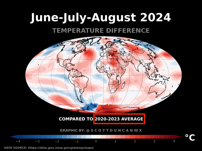 ScottDuncanWX's tweet photo. Let's zoom out and see how rest of the world looks using this same comparison...

You may be able to see a number of places in Europe and North America which felt cold compared to last 4 summers but still ended up warmer than a longer term average. https://t.co/8BxLq5hRk3