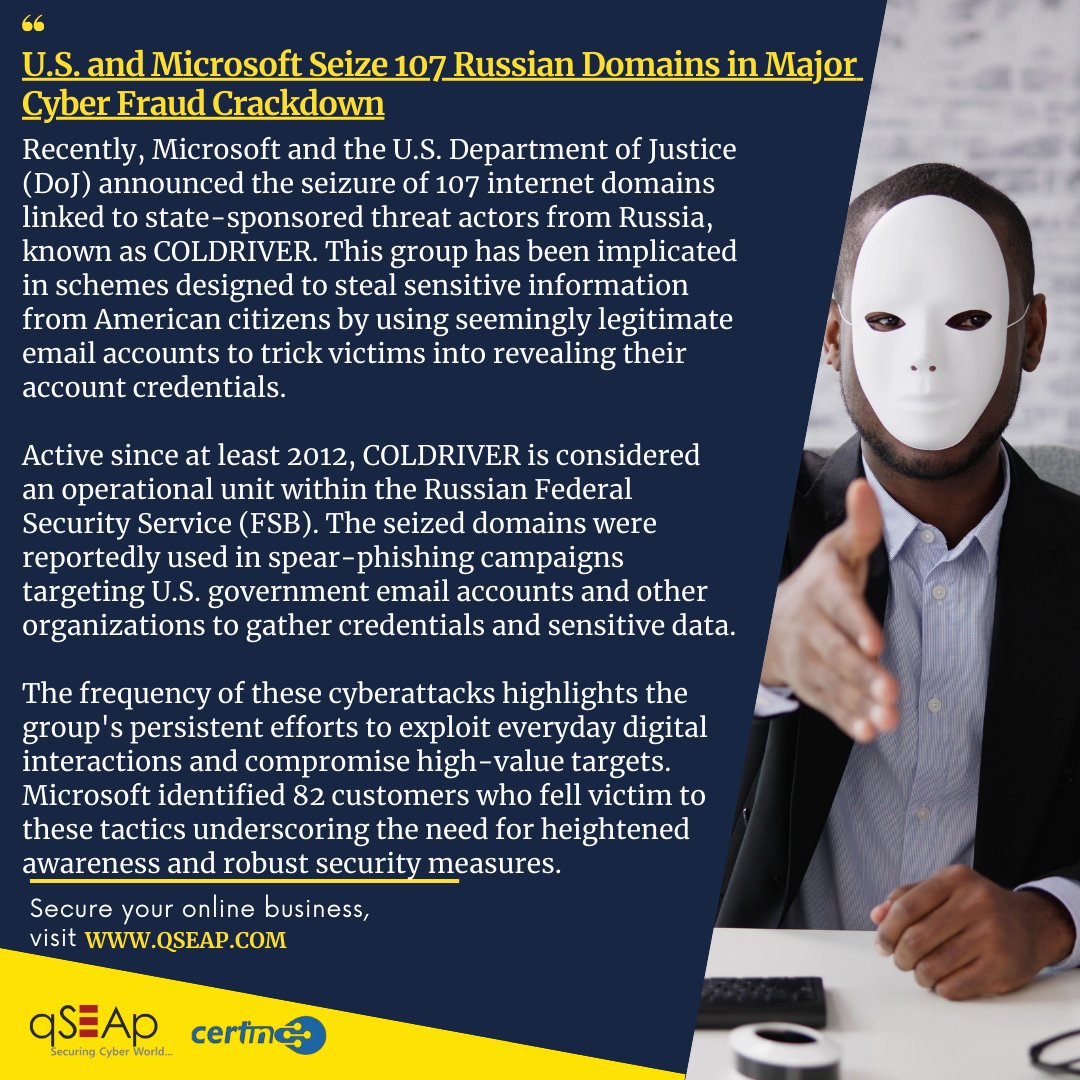 Microsoft &amp; the U.S. DoJ have seized 107 domains linked to the Russian cybercriminal group #COLDRIVER, known for phishing attacks on Americans. As threats evolve, staying vigilant is key.👉 Read more at thehackernews.com/2024/10/us-and…

#qSEAp #Cybersecurity #CyberThreats #Phishing #News