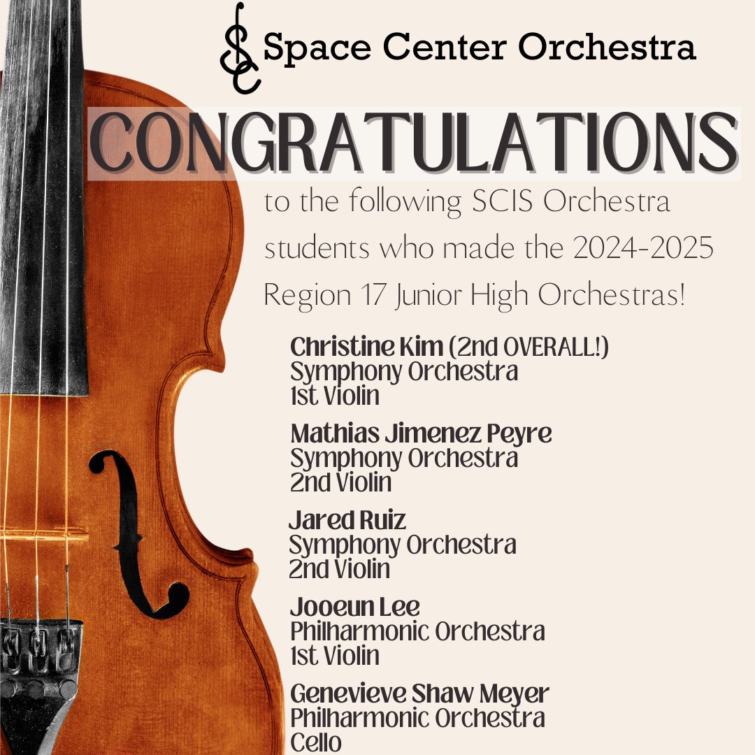 In a highly competitive day of auditions, we had five <a href="/SCIS_CCISD/">Space Center Int</a> Orchestra students place in the <a href="/TMEA/">TMEA</a> Region 17 Junior High Orchestras, including second rank OVERALL violin!