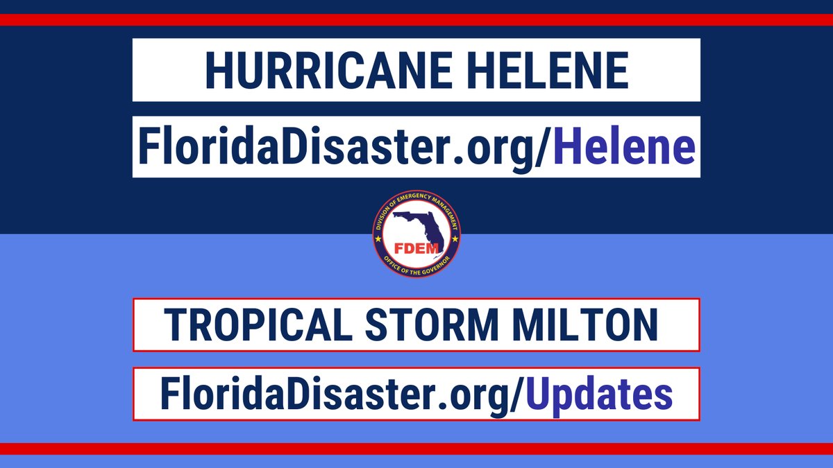 🔎 Make sure you know where to go for info!

Tropical Storm #Milton = FloridaDisaster.org/Updates
Hurricane #Helene = FloridaDisaster.org/Helene

The state continues to support ongoing recovery efforts in tandem with expediting preparedness measures for potential storm impacts.