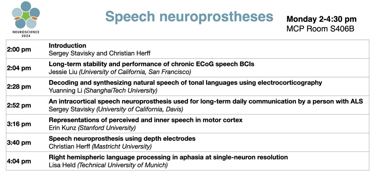 Sergey Stavisky (@sergeystavisky) on Twitter photo Interested in speech neuroprostheses? Come to the #SfN24 minisymposium organized by <a href="/HerffC/">Christian Herff</a> and I. We have a fantastic lineup chosen to survey the many directions this field can go in: different recording modalities, languages, and behaviors (e.g. attempted vs. imagined speech). Interested in speech neuroprostheses? Come to the #SfN24 minisymposium organized by <a href="/HerffC/">Christian Herff</a> and I. We have a fantastic lineup chosen to survey the many directions this field can go in: different recording modalities, languages, and behaviors (e.g. attempted vs. imagined speech).
