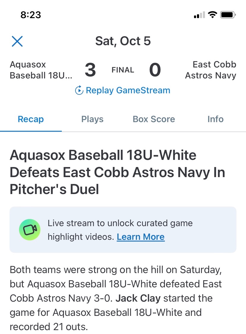 Great outing this weekend. Happy to help <a href="/aquasoxbsb/">AquaSox Baseball</a> 18U White get the win. Pitched a complete game shutout giving up only 2 hits. 78 total pitches, 60% strikes. 
<a href="/Darlington84/">Christopher Jefts</a> <a href="/Coach_DeSantis/">Mike DeSantis</a> <a href="/jdragonbaseball/">Jefferson Baseball</a>
