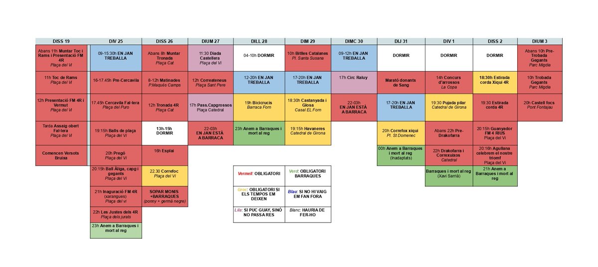 Gironins i Gironines, en sóc conscient que ho estàveu desitjant i esperant des de fa dies, i en Jan mai decep.

Com ja és tradició, en Jan Vives comparteix amb tots vosaltres el seu calendari per una bona organització de la Festa Major de Girona🪰