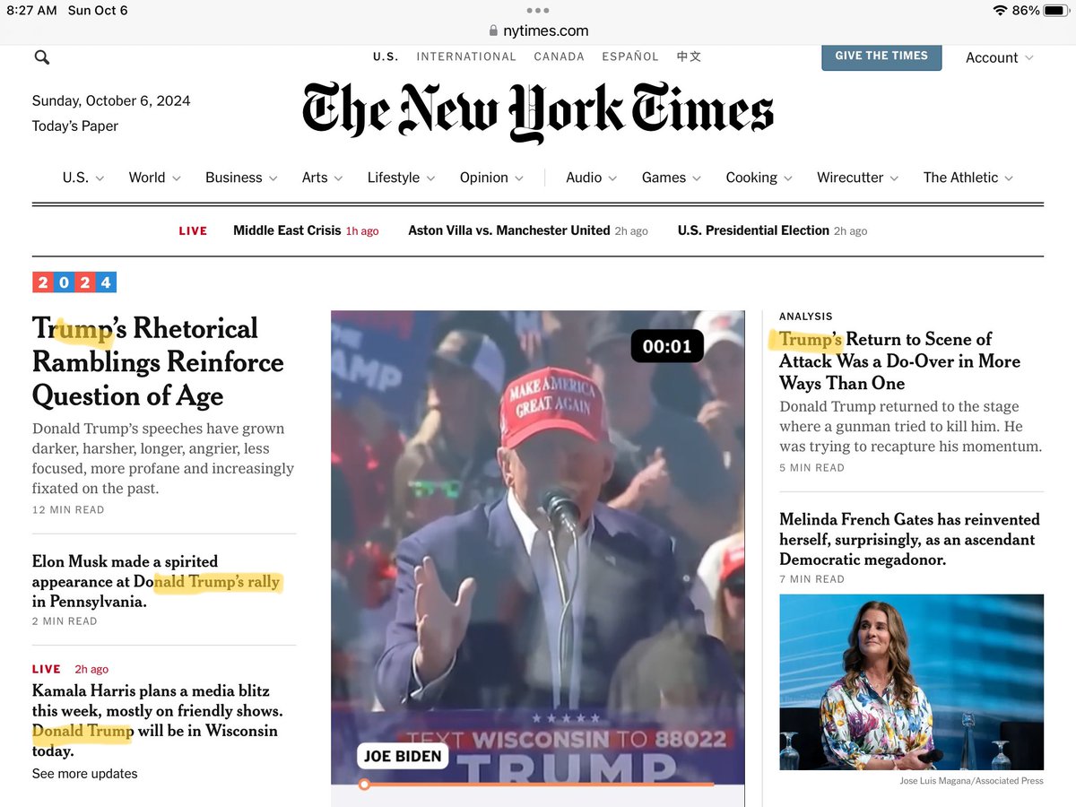 Once again, Donald Trump dominates <a href="/nytimes/">The New York Times</a> coverage with his outrageous lies. Bring back the #fairnessdoctrine.