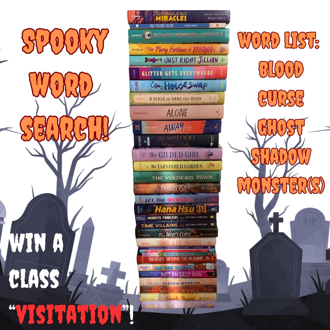 OCTOBER GIVEAWAY!
#teachertwitter and #librarians!       
🤩FREE virtual class visit w/3 middle grade authors!
🎟️Follow <a href="/mgauthorcade/">Middle Grade Authorcade</a> &amp; RT to enter
+ 🎟️Bonus entry if you can name how many times the 👻spooky👻 words show up in our titles!
⏰Ends Wed 10/9
🇺🇸🇨🇦 US/CAN
🤞Good luck!