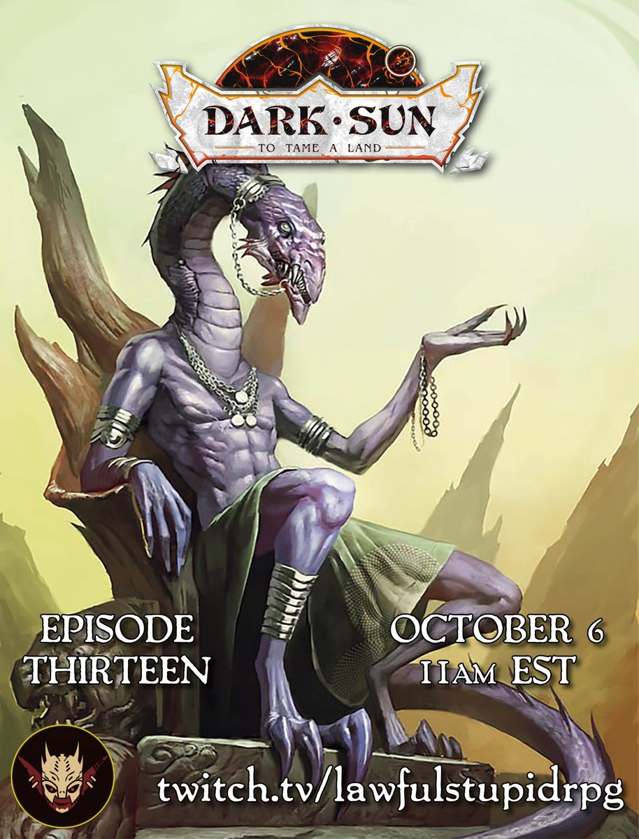 📢 LIVE NOW!

Come join us for #DarkSun ! Session 13 of our AD&amp;D adventure!  twitch.tv/LawfulStupidRPG