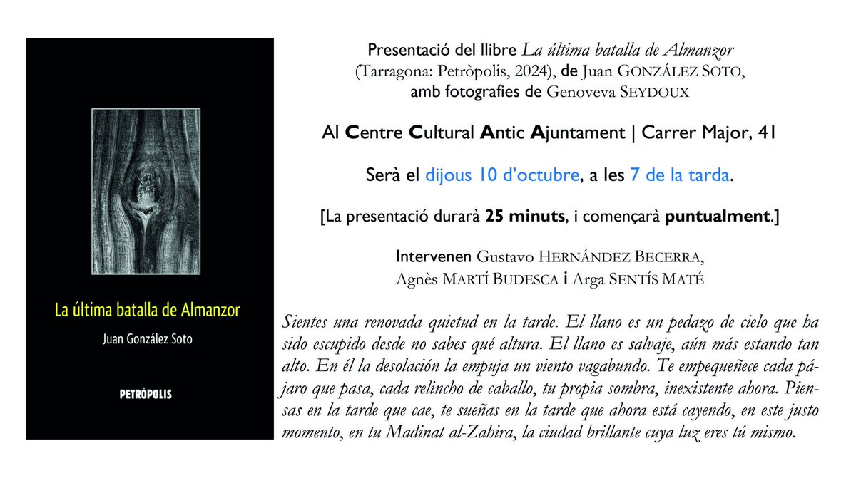 Presentem el llibre "La última batalla de Almanzor" de Juan González Soto el proper dijous 10 d'octubre, a les 19h, al Centre Cultural Antic Ajuntament, a Tarragona. No us ho podeu perdre!
petropolis.cat/la-ultima-bata…