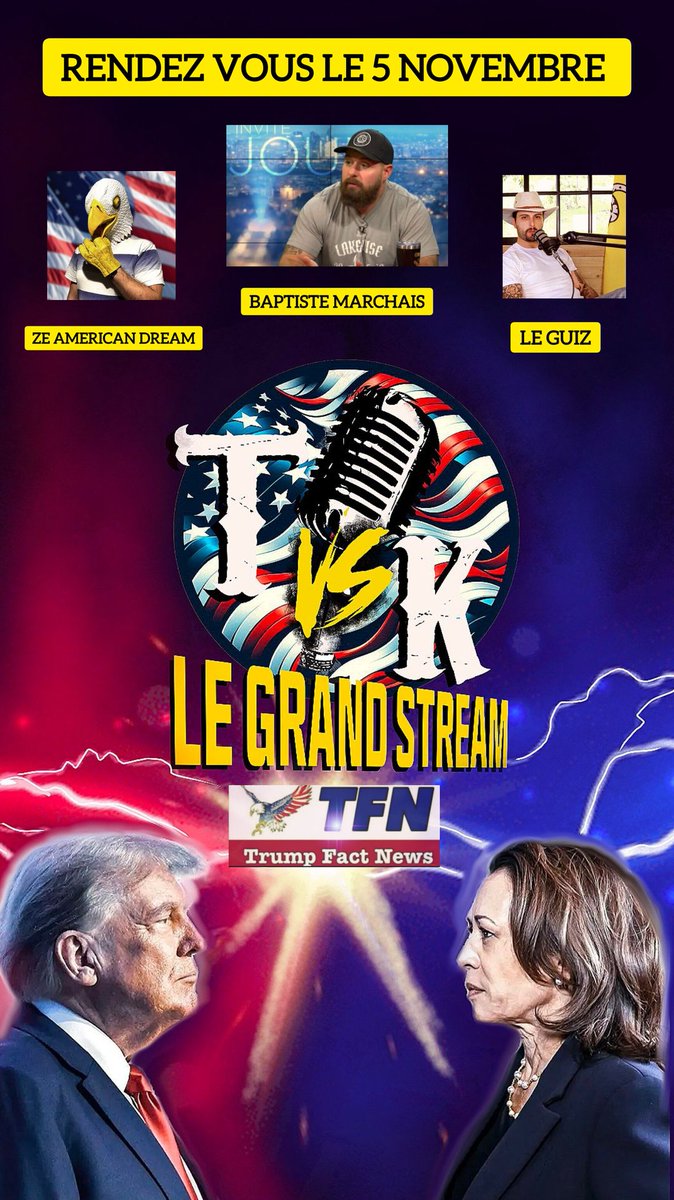 🚨ANNONCE URGENTE 🚨

Ne manquez pas le rendez-vous exceptionnel de la soirée électorale américaine du 5 novembre. 🇺🇲

Nous serons en direct dans des studios au Texas, en compagnie de <a href="/ZeAmericanDream/">Ze American Dream</a>, <a href="/LeGuiz_G/">Le Guiz</a> et Baptiste Marchais.

De nombreux invités seront également présents
