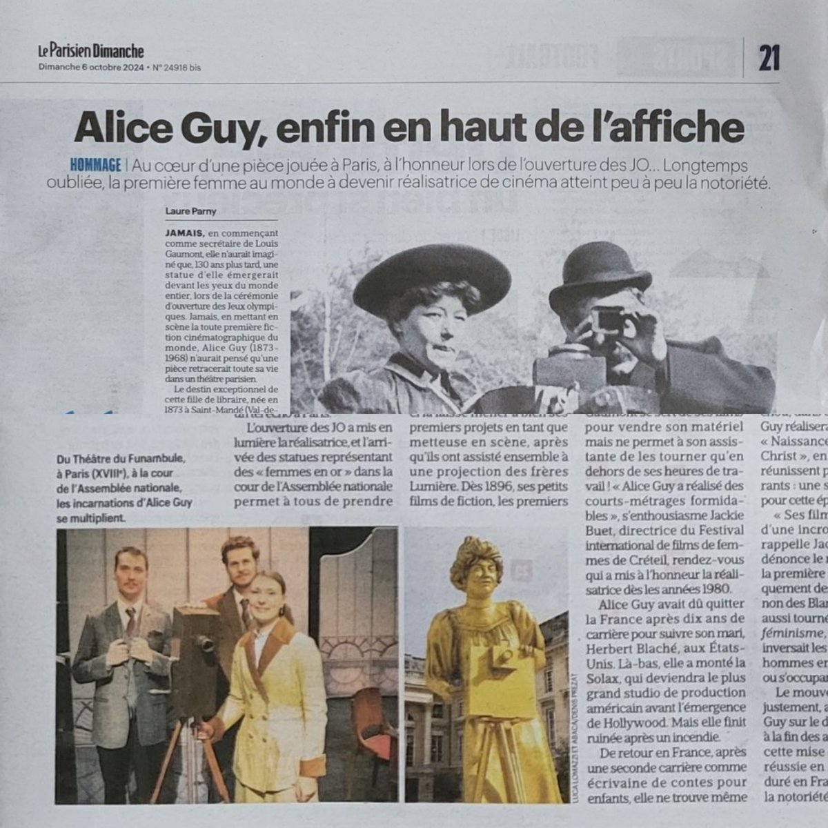 « Un biopic théâtral passionnant » Le Parisien nous fait l’honneur de consacrer une pleine page à Alice Guy, Mademoiselle Cinéma » dans son édition du dimanche !
leparisien.fr/culture-loisir…
👉infos et réservations : funambule-montmartre.com/alice-guy-made…