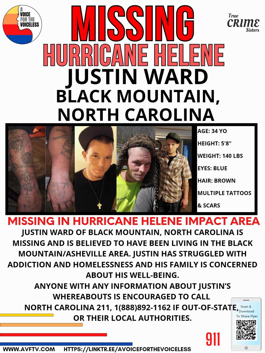 🚨 MISSING PERSON ALERT 🚨

‼️MISSING SINCE HURRICANE HELENE‼️
Black Mountain, North Carolina

We need your help to locate Justin Ward, a 34-year-old who has gone missing in the Hurricane Helene impact area. Justin was believed to be living in the Black Mountain/Asheville area