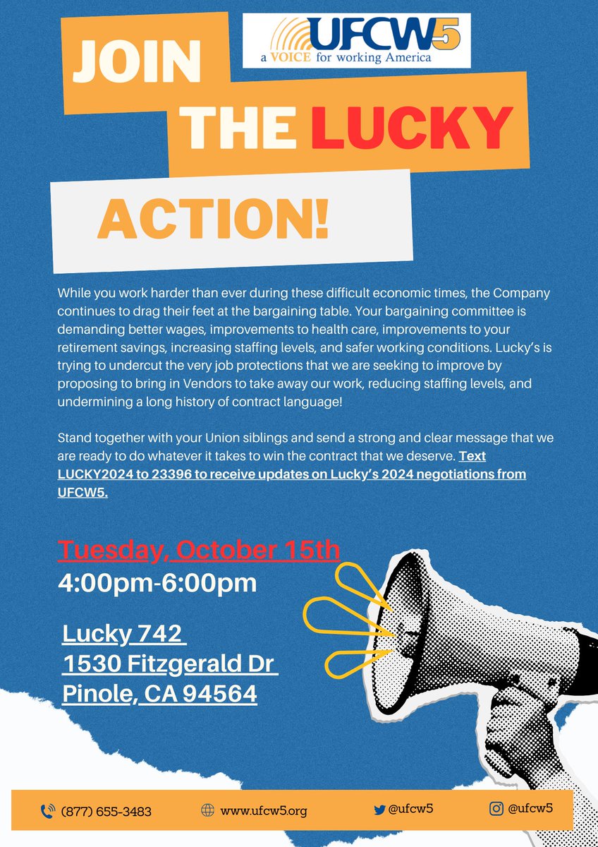 UFCW5's tweet photo. While you work harder than ever, Lucky’s is trying to undercut job protections and staffing levels. Join us on October 15th from 4-6pm to stand strong for better wages, healthcare, and safer conditions. Text LUCKY 2024 to 23396 for updates! #UnionStrong #UFCW5 https://t.co/mlsQZTGyZq