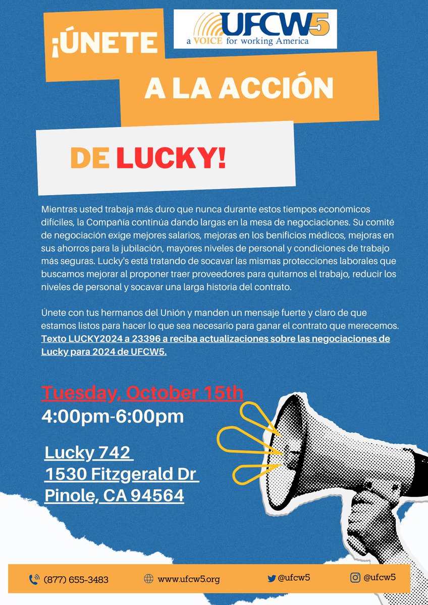 UFCW5's tweet photo. While you work harder than ever, Lucky’s is trying to undercut job protections and staffing levels. Join us on October 15th from 4-6pm to stand strong for better wages, healthcare, and safer conditions. Text LUCKY 2024 to 23396 for updates! #UnionStrong #UFCW5 https://t.co/mlsQZTGyZq