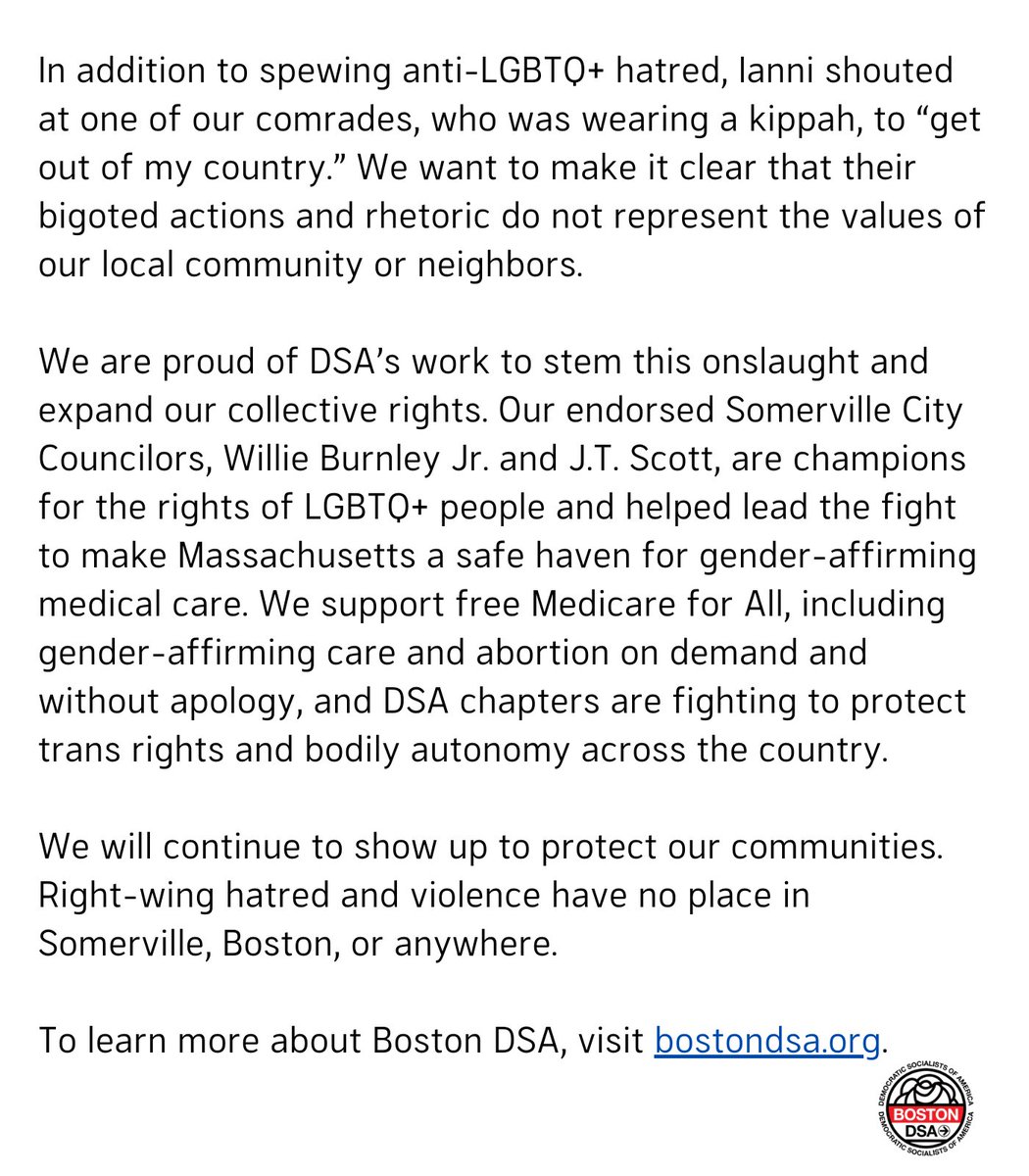 Somerville DSA (@somervilledsa) on Twitter photo We, <a href="/Boston_DSA/">Boston DSA</a>, stand with our LGBTQ+ siblings now and always,
particularly in the wake of yesterday’s far-right menacing at the Somerville Central Library.
The chapter’s full-statement: bdsa.us/SomOct24 We, <a href="/Boston_DSA/">Boston DSA</a>, stand with our LGBTQ+ siblings now and always,
particularly in the wake of yesterday’s far-right menacing at the Somerville Central Library.
The chapter’s full-statement: bdsa.us/SomOct24