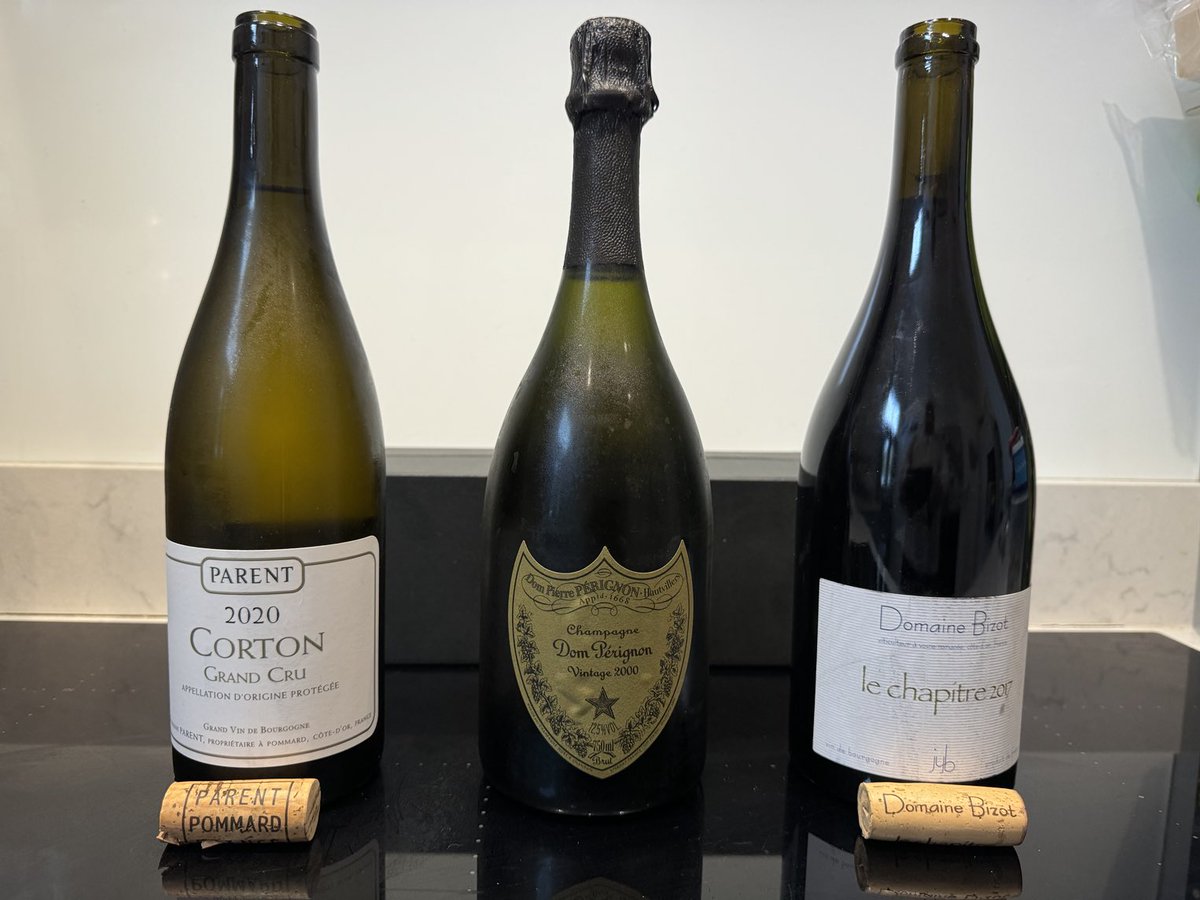 French wine and champagne to complement lamb Greek style at home. A perfect Sunday . Burgundy from two of my favourite producers . Both were utterly delicious. A humble Pinot that can rival and surpass any grand cru.  As for the Corton blanc ..just sublime.