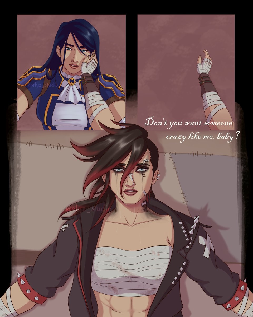 elyz_studio's tweet image. Ever since I heard that King Princess' song snippet, I know I gotta create some CaitVi steamy angst comic and here it is! Today is also Vi day of #Arctober so I hope y'all enjoy this (or cry to it idk ๐ฅฒ)
#arcane #caitvi #comic #gl #wlw #sapphic #lesbian #digitalart