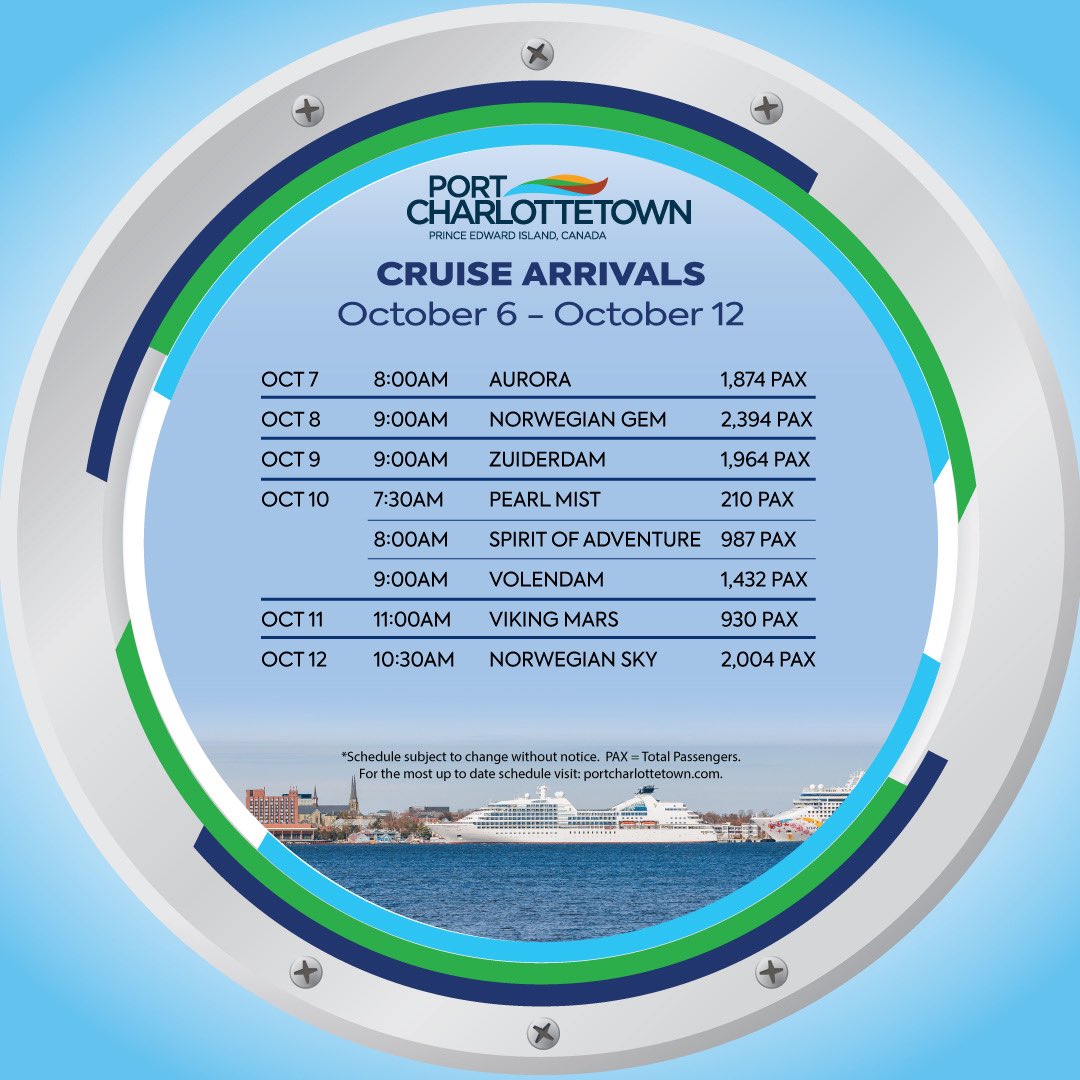 Port Charlottetown (@pcharlottetown) on Twitter photo Get ready to cruise!
Here’s this week’s schedule—where will the waves take you?
<a href="/CharlottetownPE/">Discover Charlottetown</a>
<a href="/Downtown_Chtown/">Downtown Ch'town,PEI</a>
<a href="/tourismpei/">TourismPEI</a>
<a href="/TIAPEI/">TIAPEI</a>
<a href="/WelcomePEI/">Welcome PEI</a> Get ready to cruise!
Here’s this week’s schedule—where will the waves take you?
<a href="/CharlottetownPE/">Discover Charlottetown</a>
<a href="/Downtown_Chtown/">Downtown Ch'town,PEI</a>
<a href="/tourismpei/">TourismPEI</a>
<a href="/TIAPEI/">TIAPEI</a>
<a href="/WelcomePEI/">Welcome PEI</a>