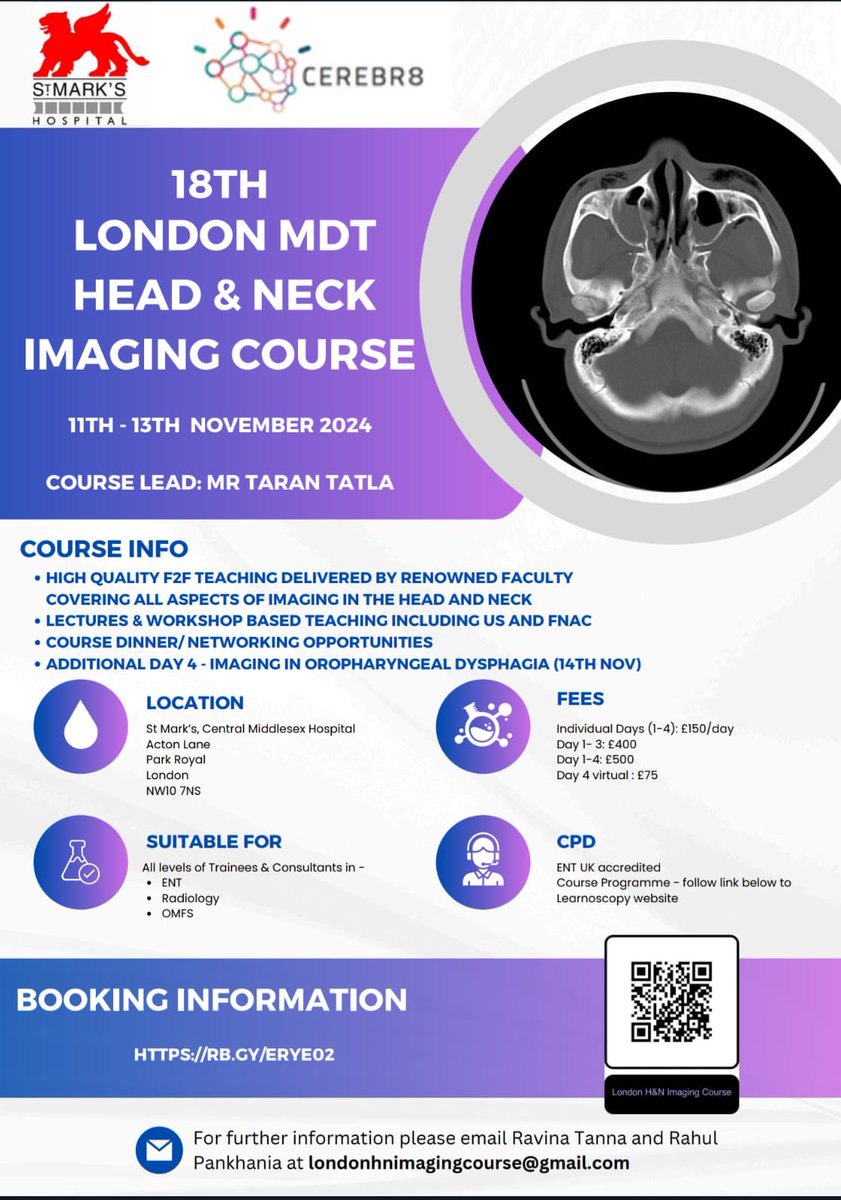 Book your place on this fantastic Head and Neck imaging course taking place next month with esteemed UK wide faculty. Not to be missed! Get in touch for further information and see flyer for sign up link below ⬇️ ⁦<a href="/TaranTatla2/">Taran Tatla</a>⁩ ⁦