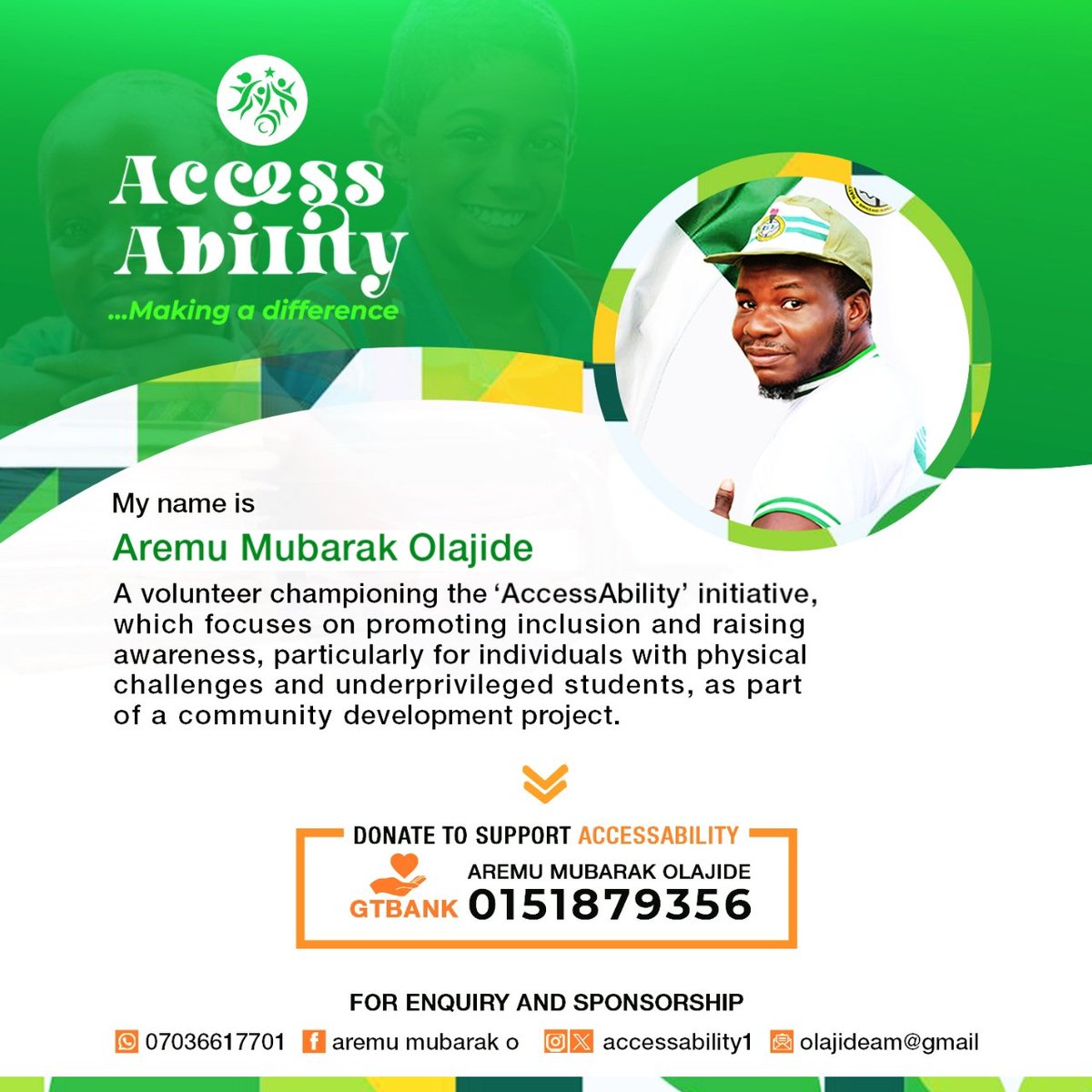 acessability1's tweet photo. Support 'AccessAbility' I'm a volunteer championing the 'AccessAbility' initiative, which focuses on promoting inclusion and raising awareness, particularly for individuals with physical challenges and underprivileged students, as part of community development project https://t.co/IzNijO1hkJ