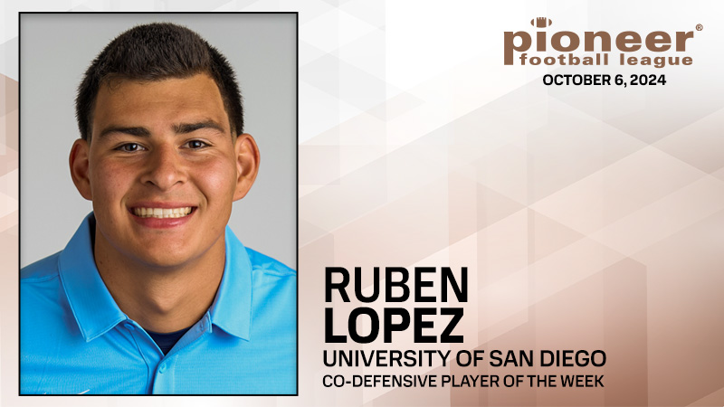 Pioneer Football (@pflnews) on Twitter photo Pioneer Football League Co-Defensive Player of the Week!
<a href="/USDFootball/">San Diego Football</a> defensive back Ruben Lopez recovered a fumble and returned it 87 yards for a game-winning touchdown in an overtime victory against Presbyterian. Pioneer Football League Co-Defensive Player of the Week!
<a href="/USDFootball/">San Diego Football</a> defensive back Ruben Lopez recovered a fumble and returned it 87 yards for a game-winning touchdown in an overtime victory against Presbyterian.