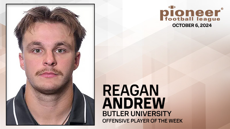 Pioneer Football (@pflnews) on Twitter photo Pioneer Football League Offensive Player of the Week!
<a href="/ButlerUFootball/">Butler Football</a> quarterback Reagan Andrew was responsible for four touchdowns in a win against Morehead State, leading the Bulldogs to their first 5-0 start since 2009. Pioneer Football League Offensive Player of the Week!
<a href="/ButlerUFootball/">Butler Football</a> quarterback Reagan Andrew was responsible for four touchdowns in a win against Morehead State, leading the Bulldogs to their first 5-0 start since 2009.