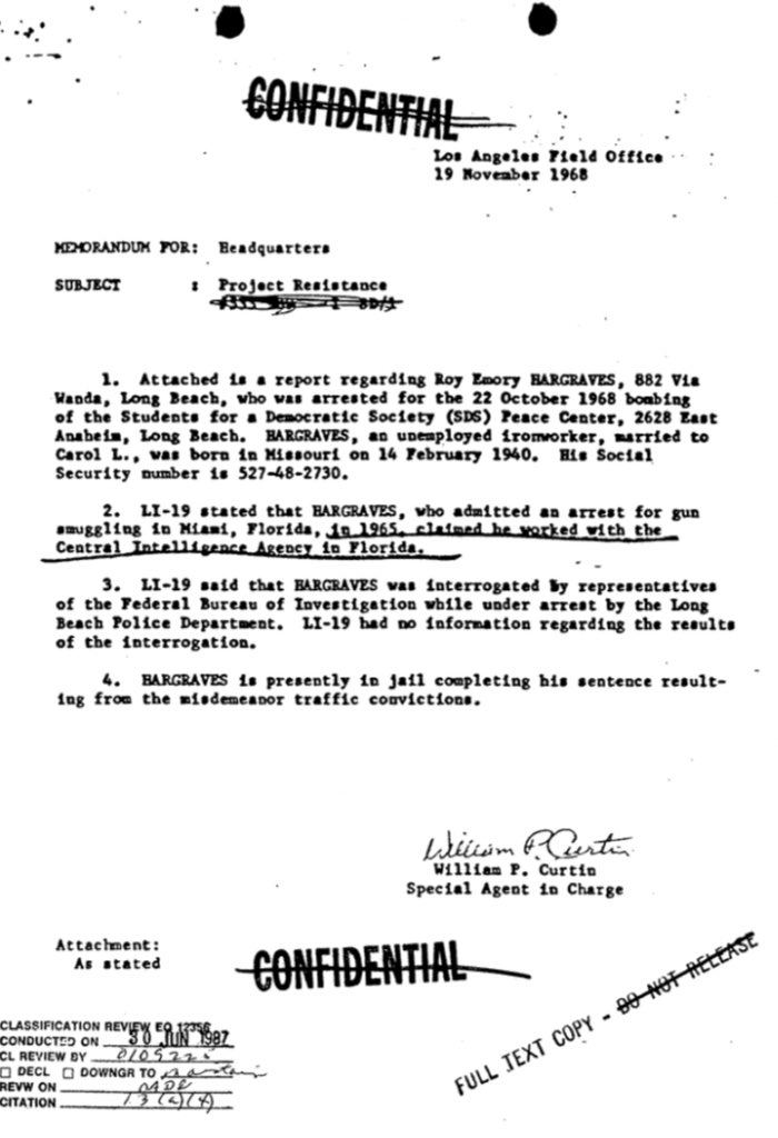 timfattig's tweet photo. Here’s where it gets weird(er) in the world of #RoyHargraves, the mercenary and former #INTERPEN leader who figured in much of the anti-#Castro intrigue of the early ‘60s. 

By October 1968, Hargraves was living in California, identified as an “unemployed ironworker,” and was on the radar of the #CIA office in Los Angeles. He was jailed for the bombing of the #SDS Peace Center in Long Beach on 10/22/68, and claimed to have played some role in the bombing of the #LAFreePress newspaper several days earlier. 

An Agency document on Hargraves’ new career as a West Coast bomber reports:

“…HARGRAVES…admitted an arrest for gun smuggling in Miami, Florida, in 1965, [and] claimed he worked with the Central Intelligence Agency in Florida.”

Most significant is the subject line of the document: “Project Resistance.” This is a key association of Hargraves’ seemingly independent actions with the vast, well-funded CIA program (authorized by CIA Director #RichardHelms and overseen by Helms’ close associate #RichardOber) to terrorize and destabilize left-wing and anti-war groups in the late ‘60s and early ‘70s: Project RESISTANCE and its related program, Project MERRIMAC, were contained within the functions of the CIA’s larger campaign against left-wing organizations and alternative media outlets, called Operation CHAOS.