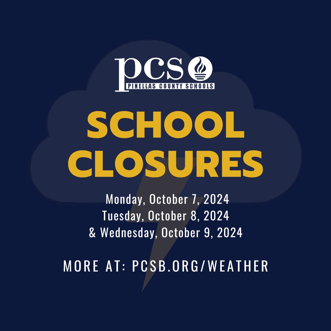PCS is working closely with Pinellas County Emergency Management to monitor Tropical Storm Milton and its possible impact.  All Pinellas County Schools and offices will be CLOSED from 10/7-10/ 9. All sports and school activities scheduled for those dates are canceled.